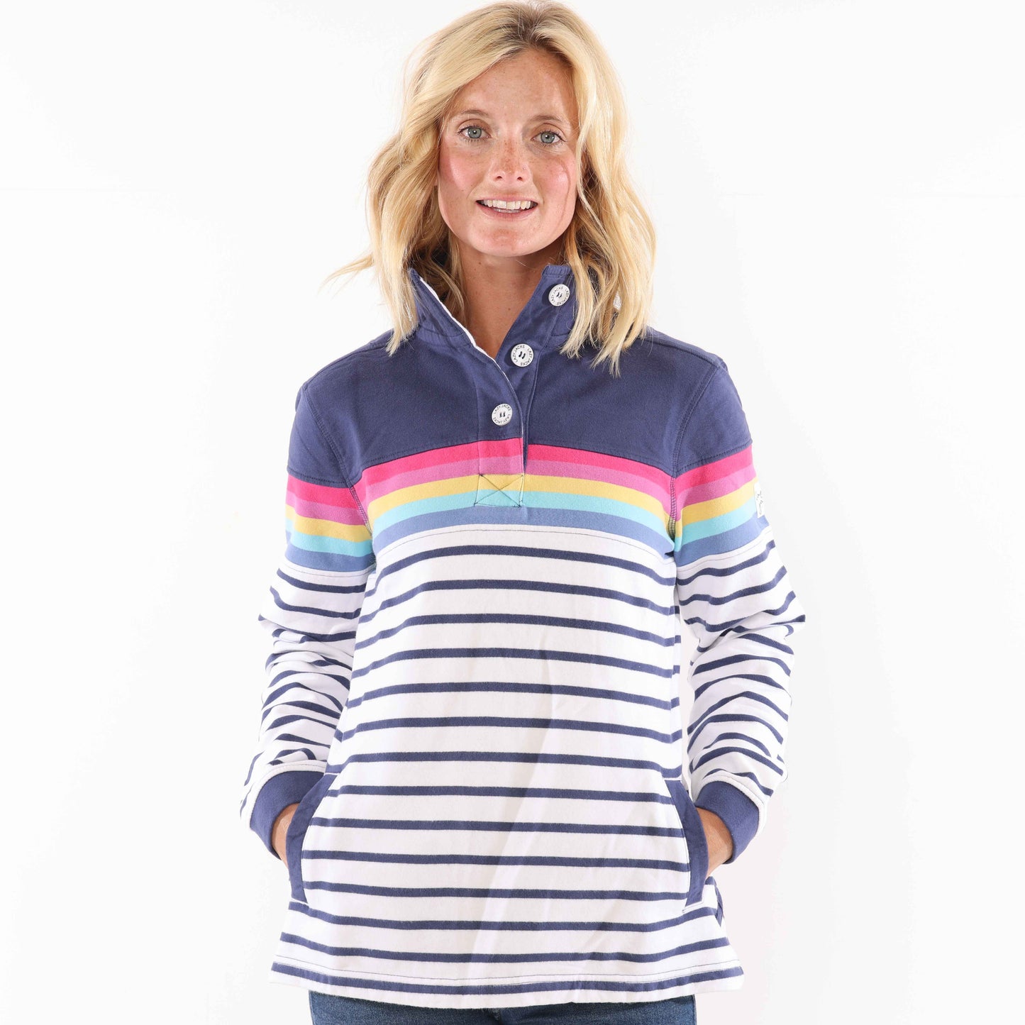 LJ6 - Striped Button Neck Sweatshirt - Prism/ White base