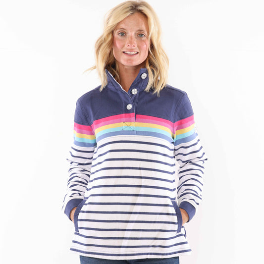 LJ6 - Striped Button Neck Sweatshirt - Prism/ White base