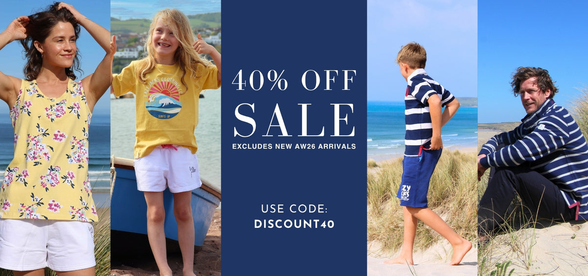 A promotional banner featuring four children and one adult modeling summer clothing on a beach, with a large central navy text panel reading '40% OFF SALE' and 'USE CODE: DISCOUNT40'.