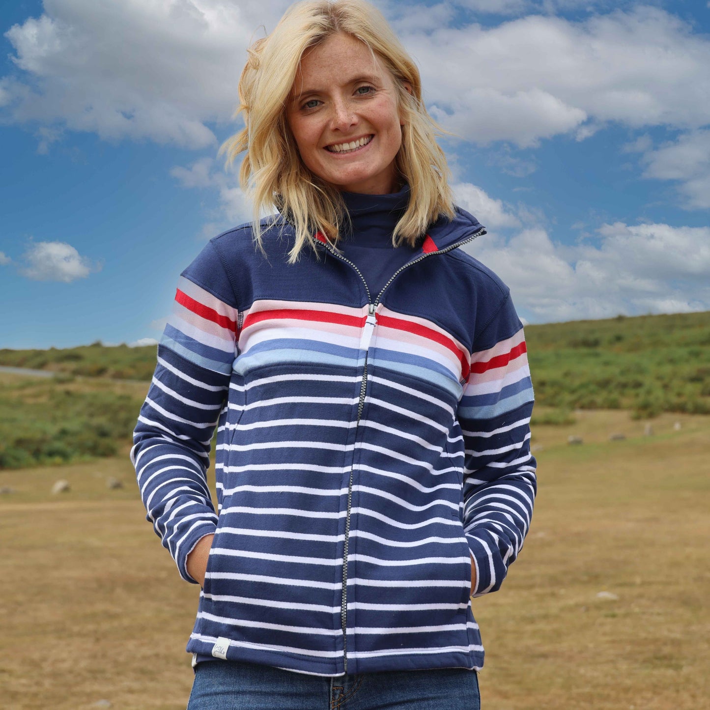 LJ32 - Ladies Full Zip Striped Sweatshirt - Sapphire