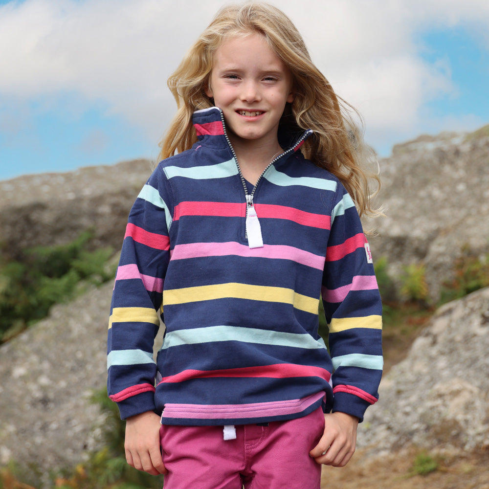LJ35C - Girl's Striped Quarter Zip Sweatshirt - Twilight