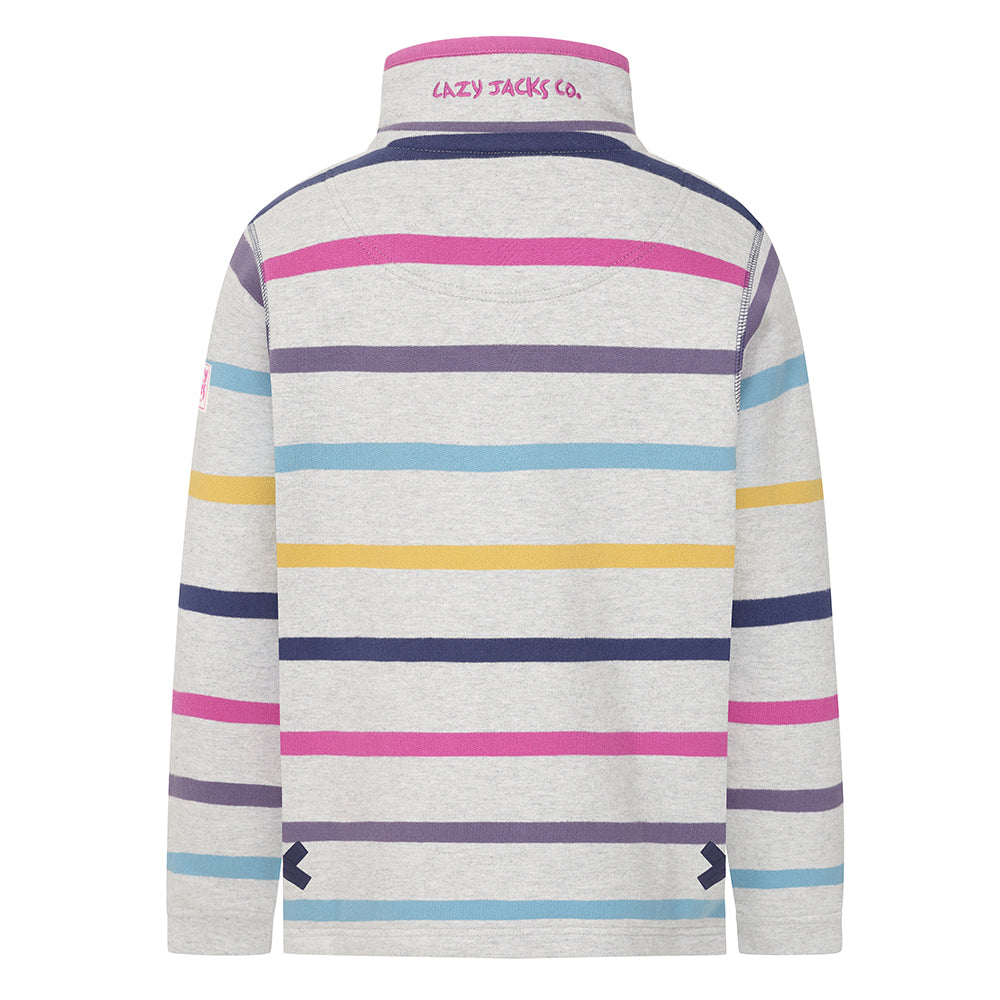 LJ35C - Girls Striped 1/4 Zip Sweatshirt - Grey Marl