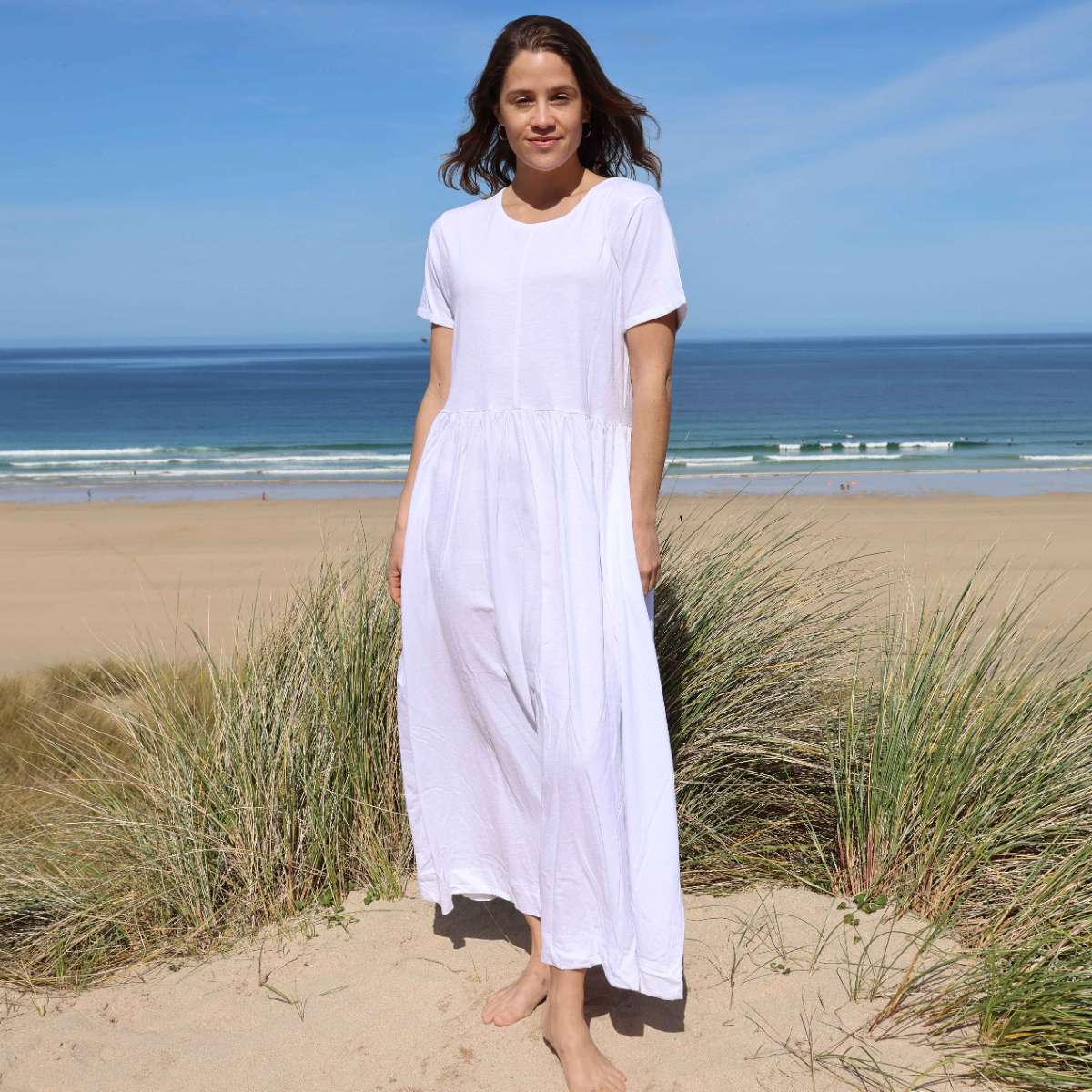 LJ525 - Ladies Long Gathered Dress - White