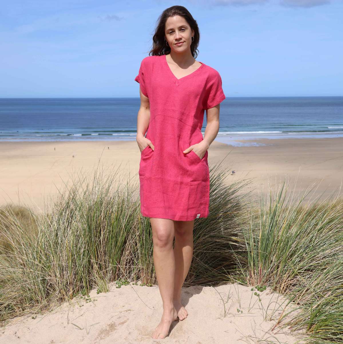 LJ527 - Short Linen Dress - Cherry