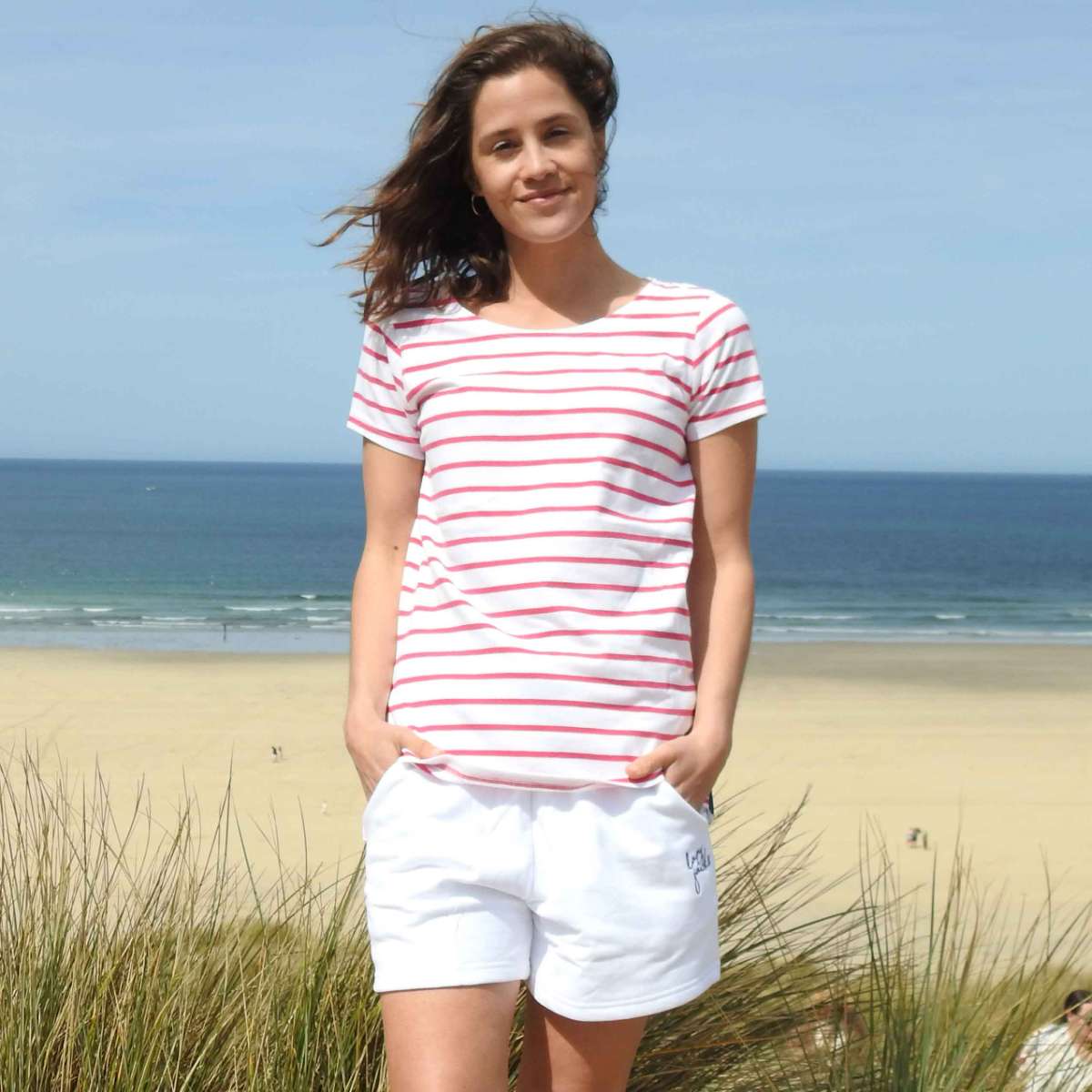 LJ8 - Ladies Short Sleeve Striped Breton Top - Cherry