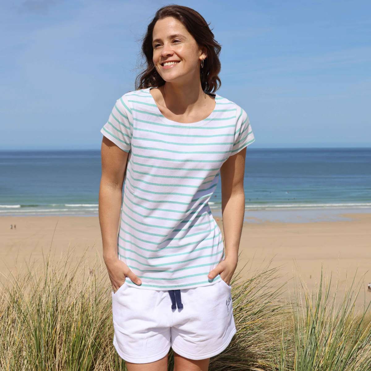 LJ8 - Ladies Short Sleeve Striped Breton Top - Peppermint