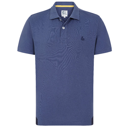 A denim blue men's polo shirt with a 3-button placket and Lazy Jacks embroidery on the left chest.