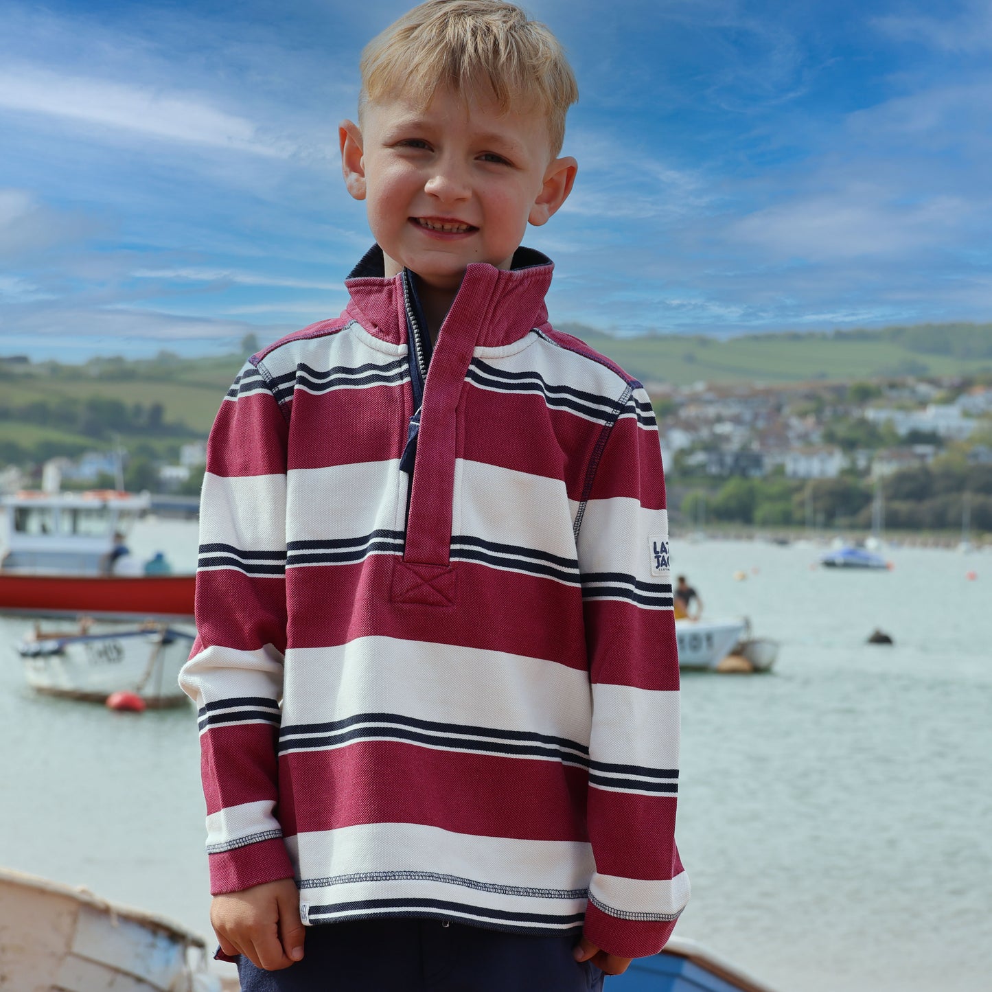 LJ700SC - Boy's Striped 1/4 Zip Pique Sweatshirt - Rouge