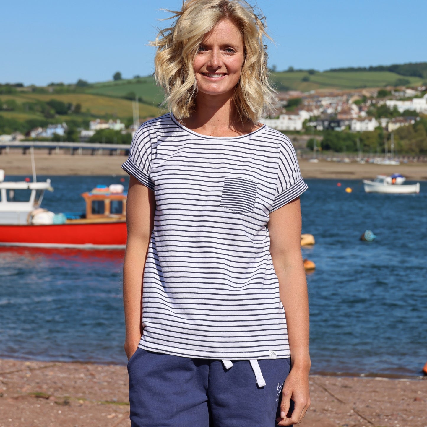 LJ162 - Ladies Striped Roll Sleeve Tee - White