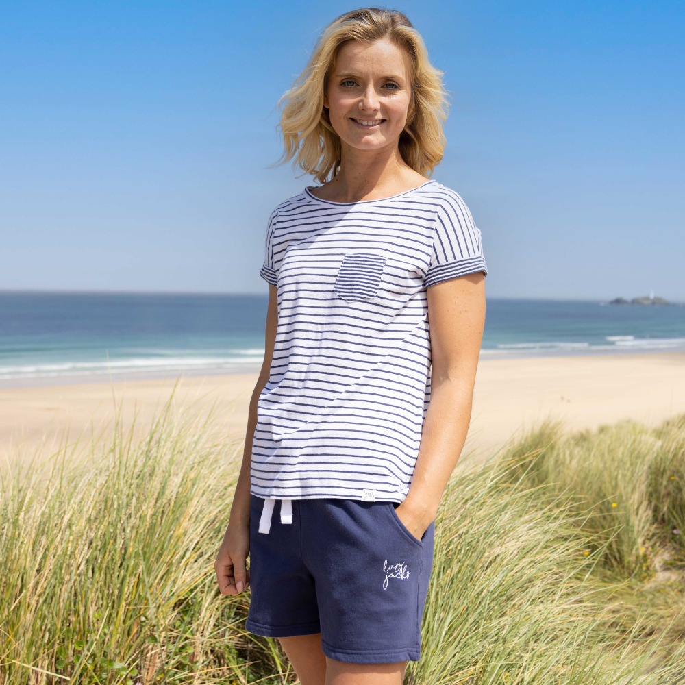 LJ162 - Ladies Striped Roll Sleeve Tee - White