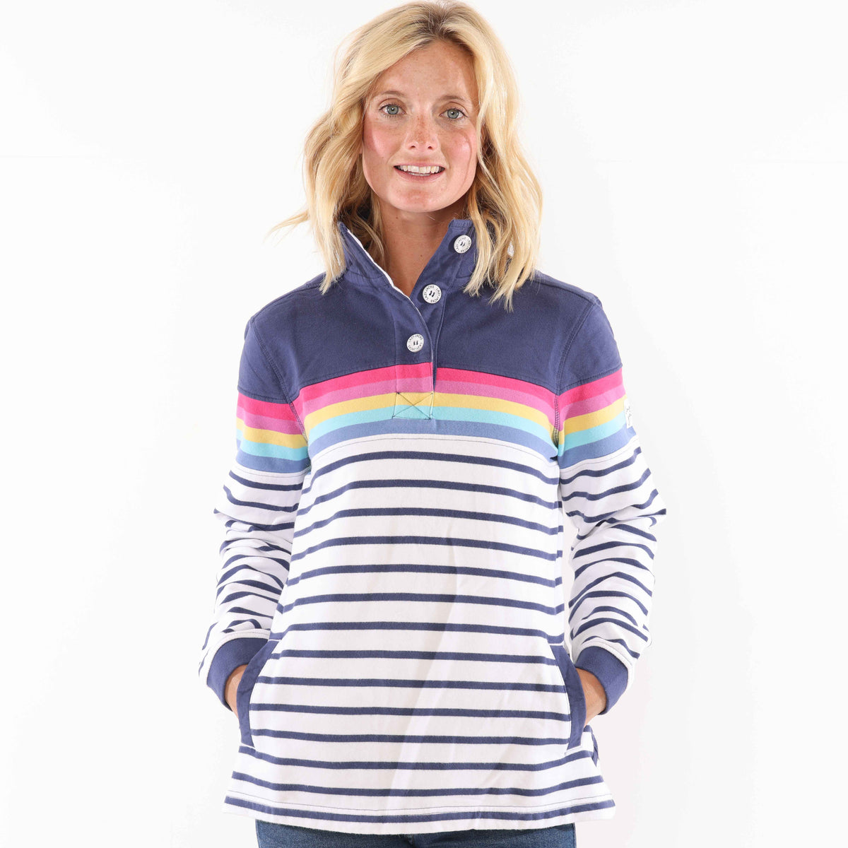 LJ6 - Striped Button Neck Sweatshirt - Prism/ White base