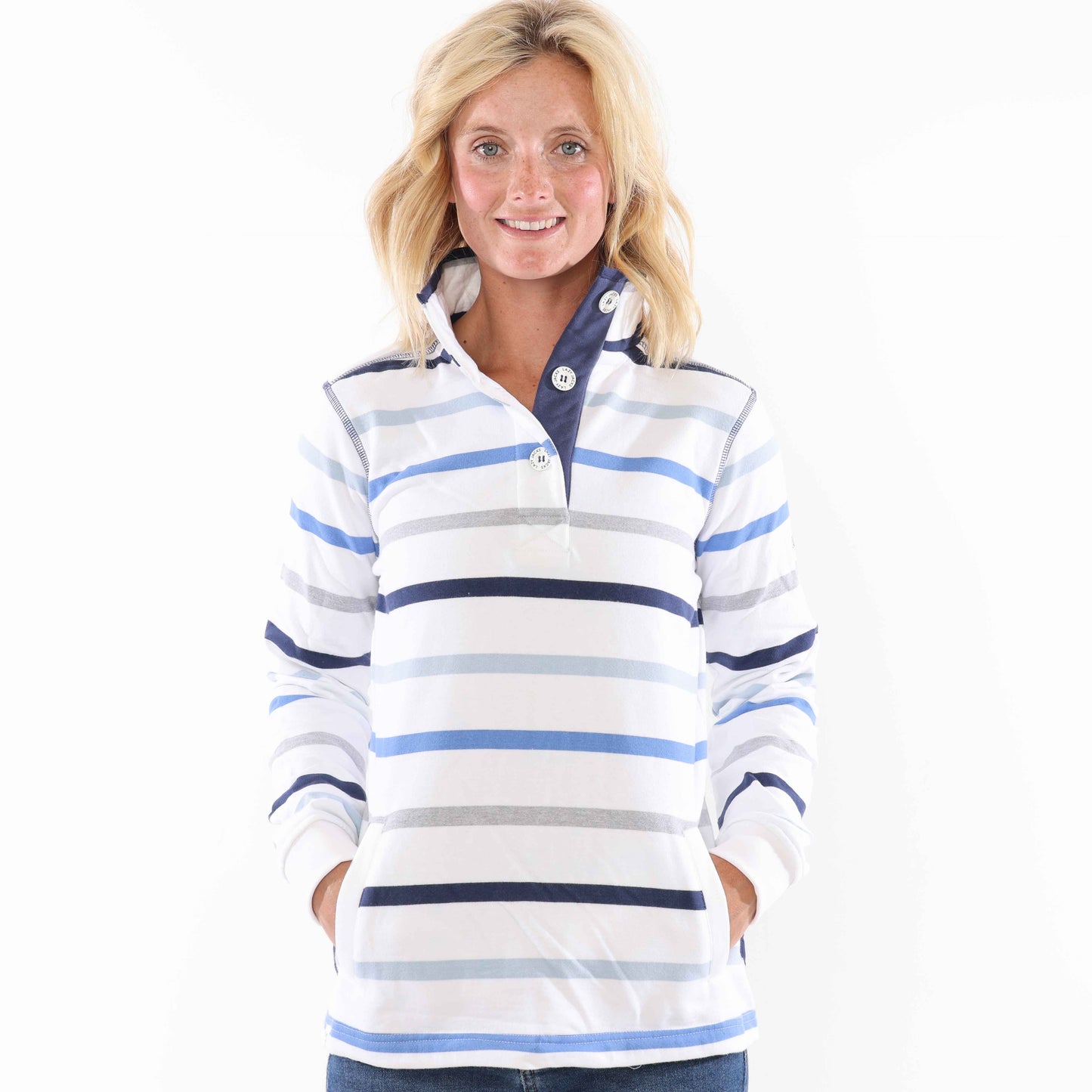 LJ6 - Ladies Striped Button Neck Sweatshirt - Blues
