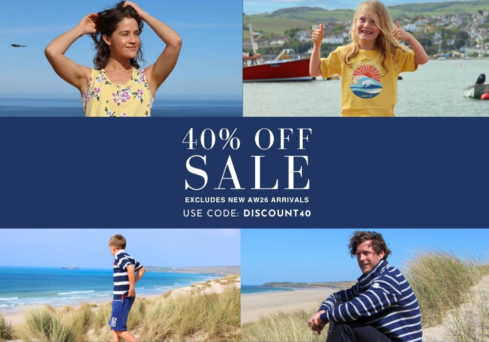 A promotional collage with four beach and seaside lifestyle photos around a large dark blue central banner reading '40% OFF SALE' with smaller text and a discount code. No single sellable product is clearly isolated; the image functions as a marketing graphic.