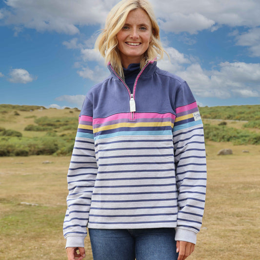 LJ35 - Ladies Striped Quarter Zip Sweatshirt - Grey Marl