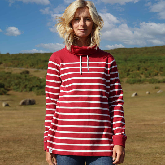 LJ20S - Striped Roll Neck Sweatshirt - Red