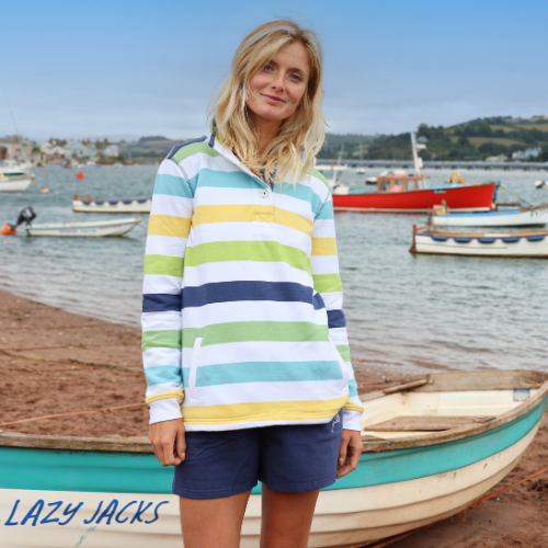 LJ6 - Ladies Striped Button Neck Sweatshirt - Greens