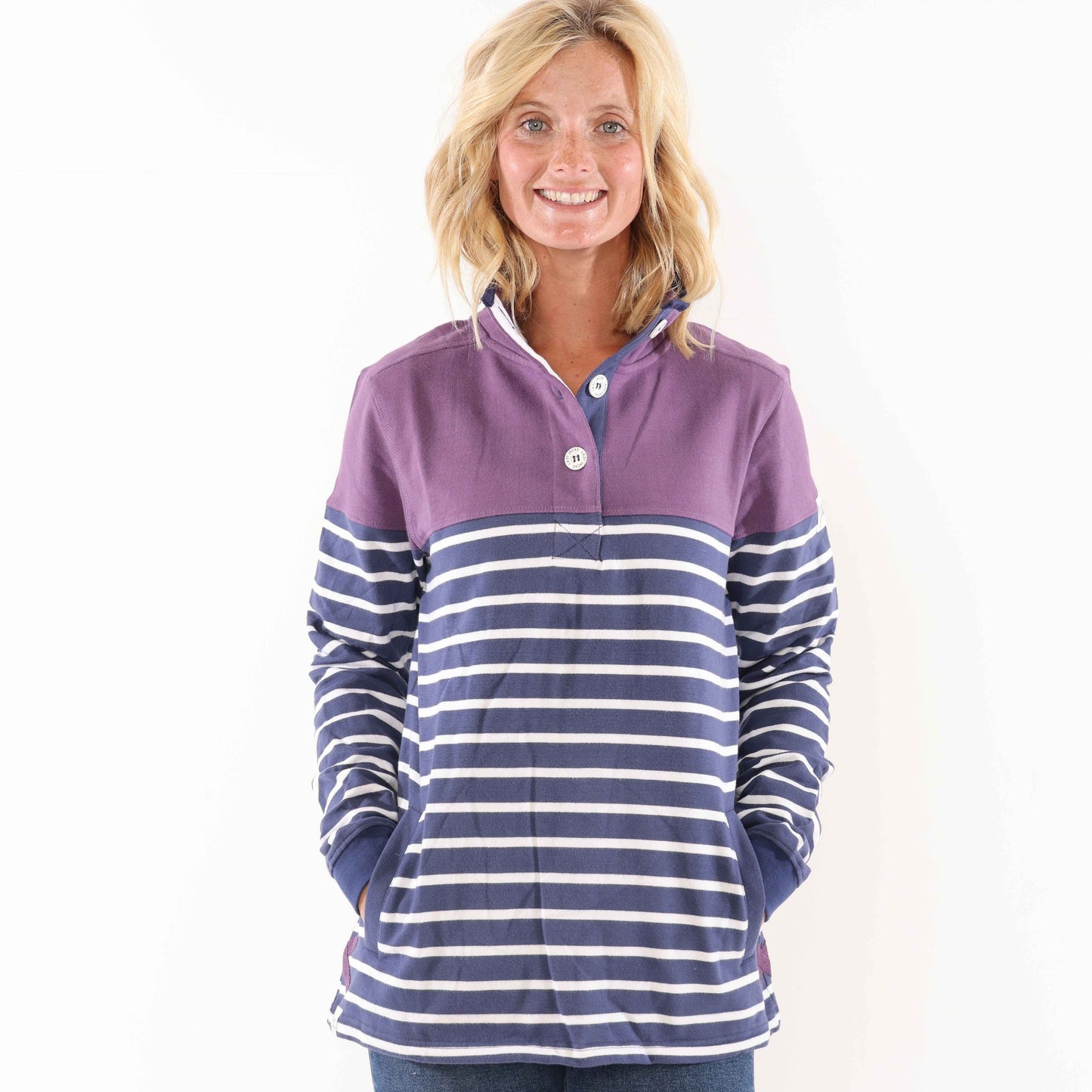 LJ6 - Striped Button Neck Sweatshirt - Loganberry