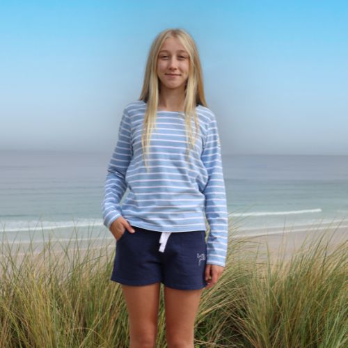 LJ97C - Girls Long Sleeved Striped Breton - Sky