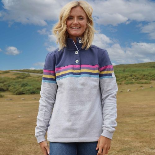 LJ6 - Striped Button Neck Sweatshirt - Grey Marl