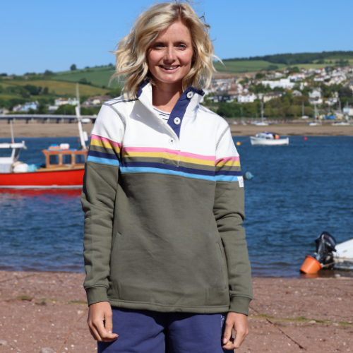 LJ6 - Striped Button Neck Sweatshirt - Khaki