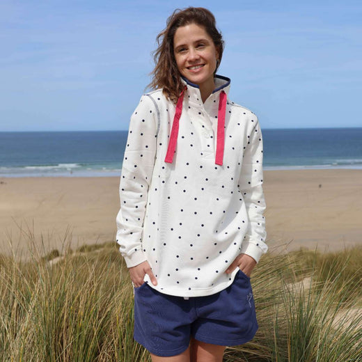 LJ14 - Ladies Polka Dot Button Neck Sweatshirt - Chalk