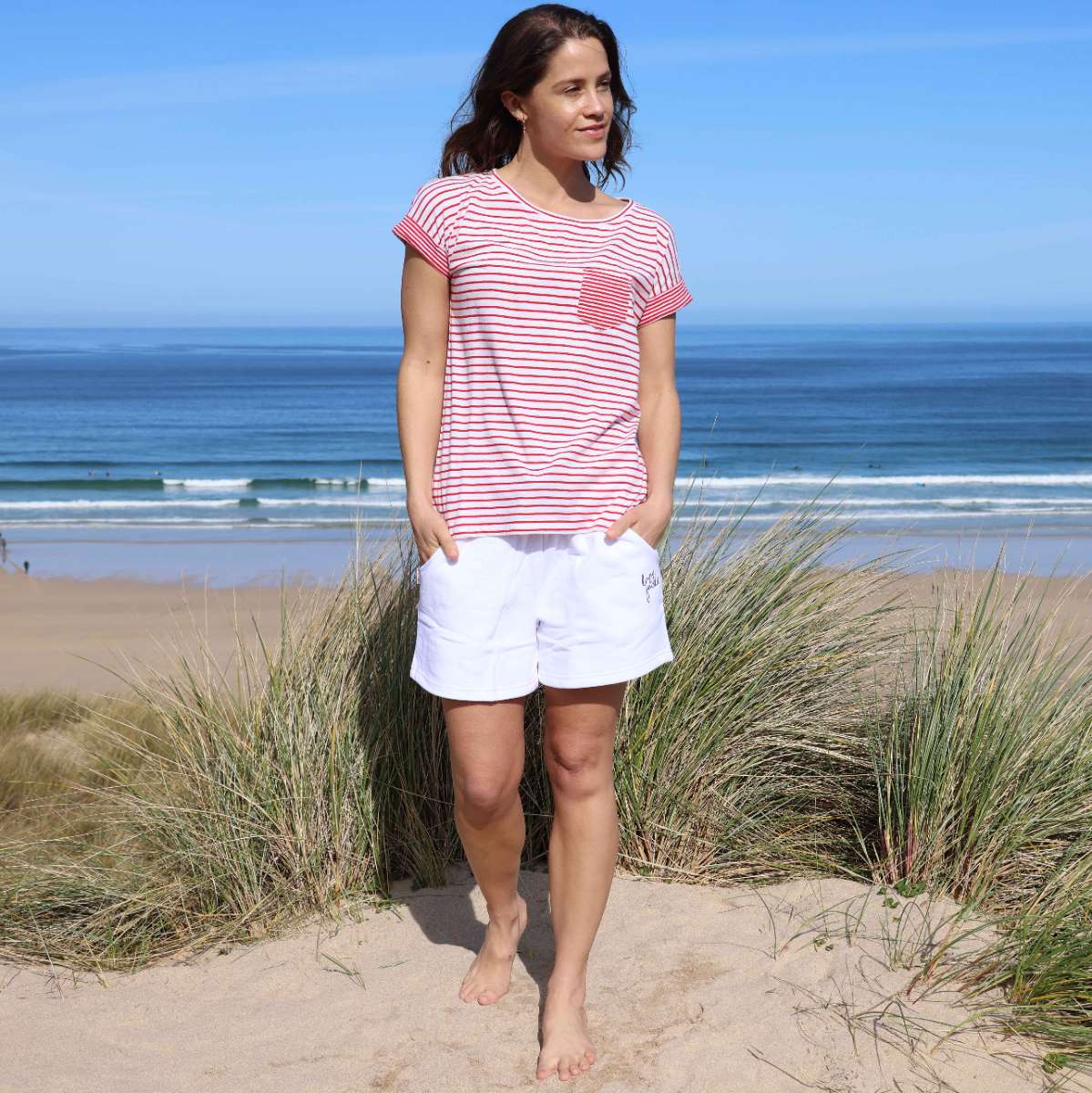 LJ162 - Ladies Striped Roll Sleeve T - Red