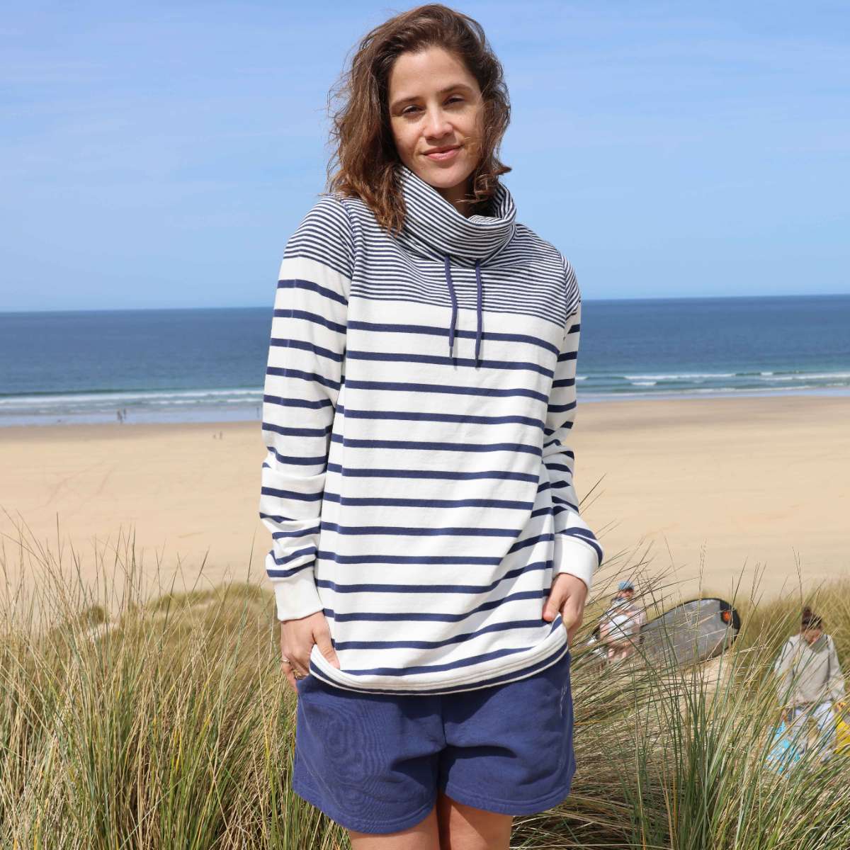 LJ20 - Ladies Draw String Striped Roll Neck Sweatshirt - Twilight
