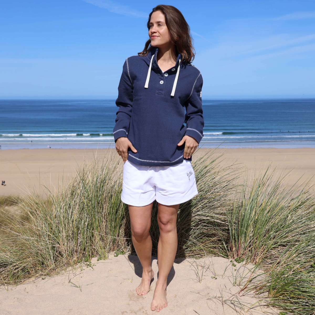 LJ301 - Pique Button Neck Sweatshirt - Twilight - White Drawstrings