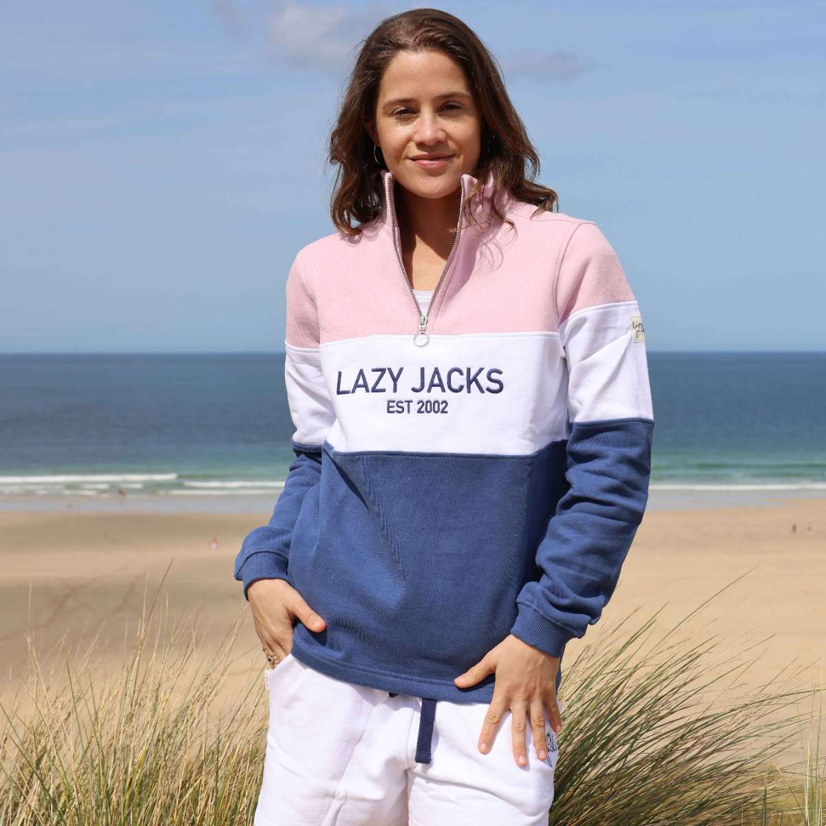 LJ322 - Ladies Quarter Zip Sweatshirt - Pink/ Denim