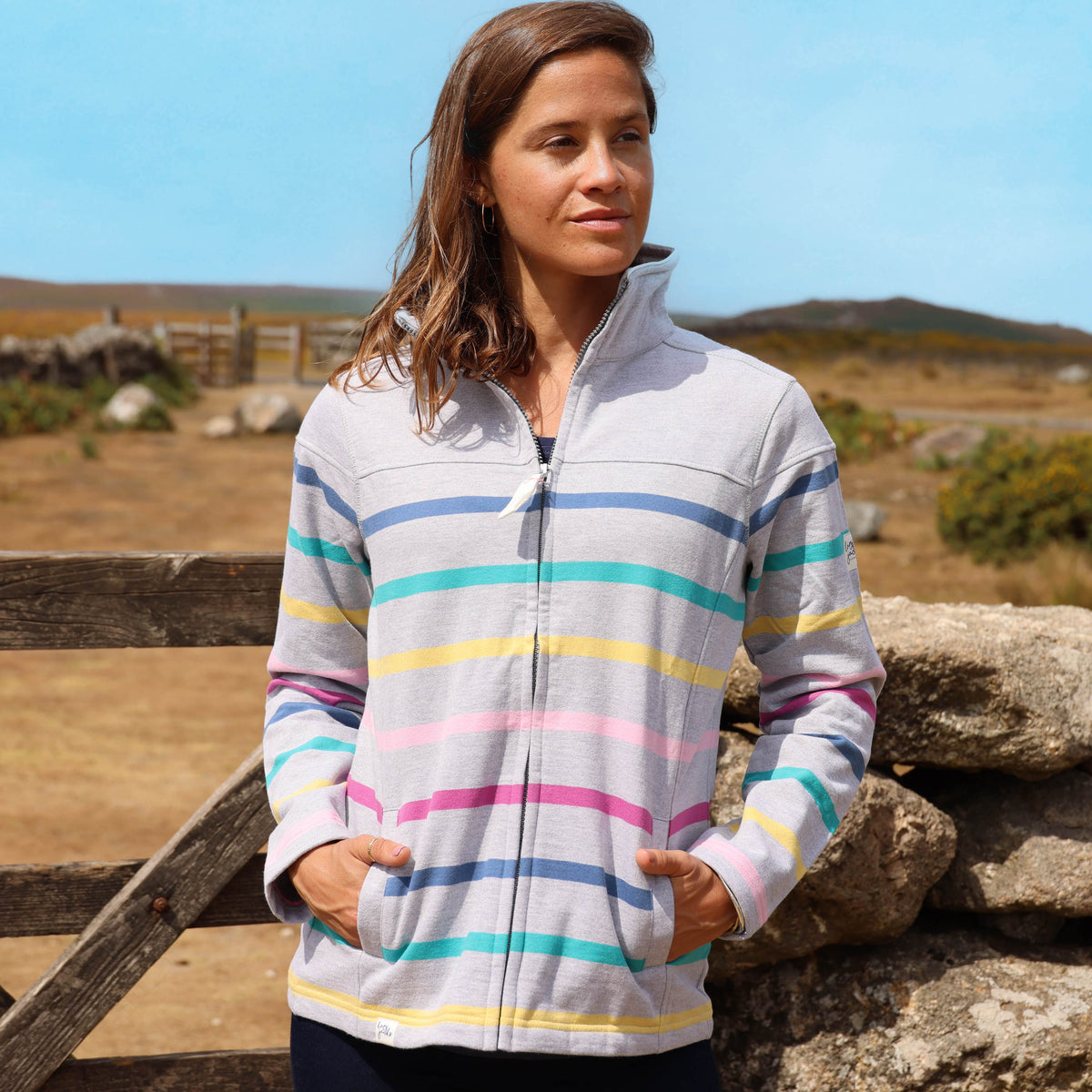 LJ32 - Full Zip Striped Sweatshirt - Colourful Grey Marle