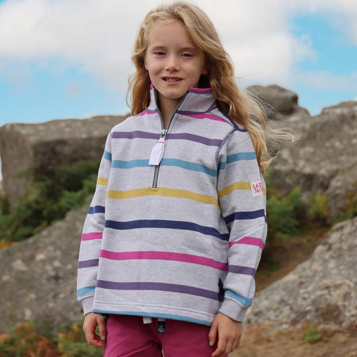 LJ35C - Girls Striped 1/4 Zip Sweatshirt - Grey Marl