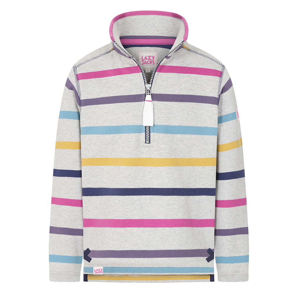 LJ35C - Girls Striped 1/4 Zip Sweatshirt - Grey Marl