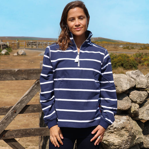 LJ35 - Ladies Striped Quarter Zip Sweatshirt - White