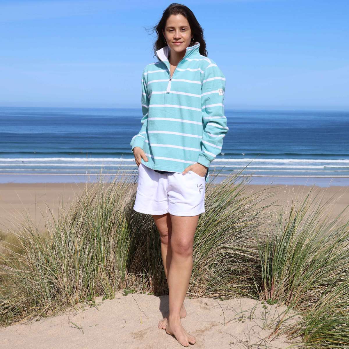 LJ35  - Ladies Striped Quarter Zip Sweatshirt -  Peppermint