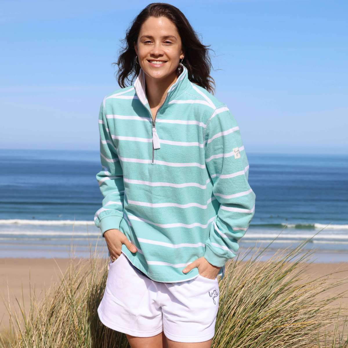 LJ35  - Ladies Striped Quarter Zip Sweatshirt -  Peppermint