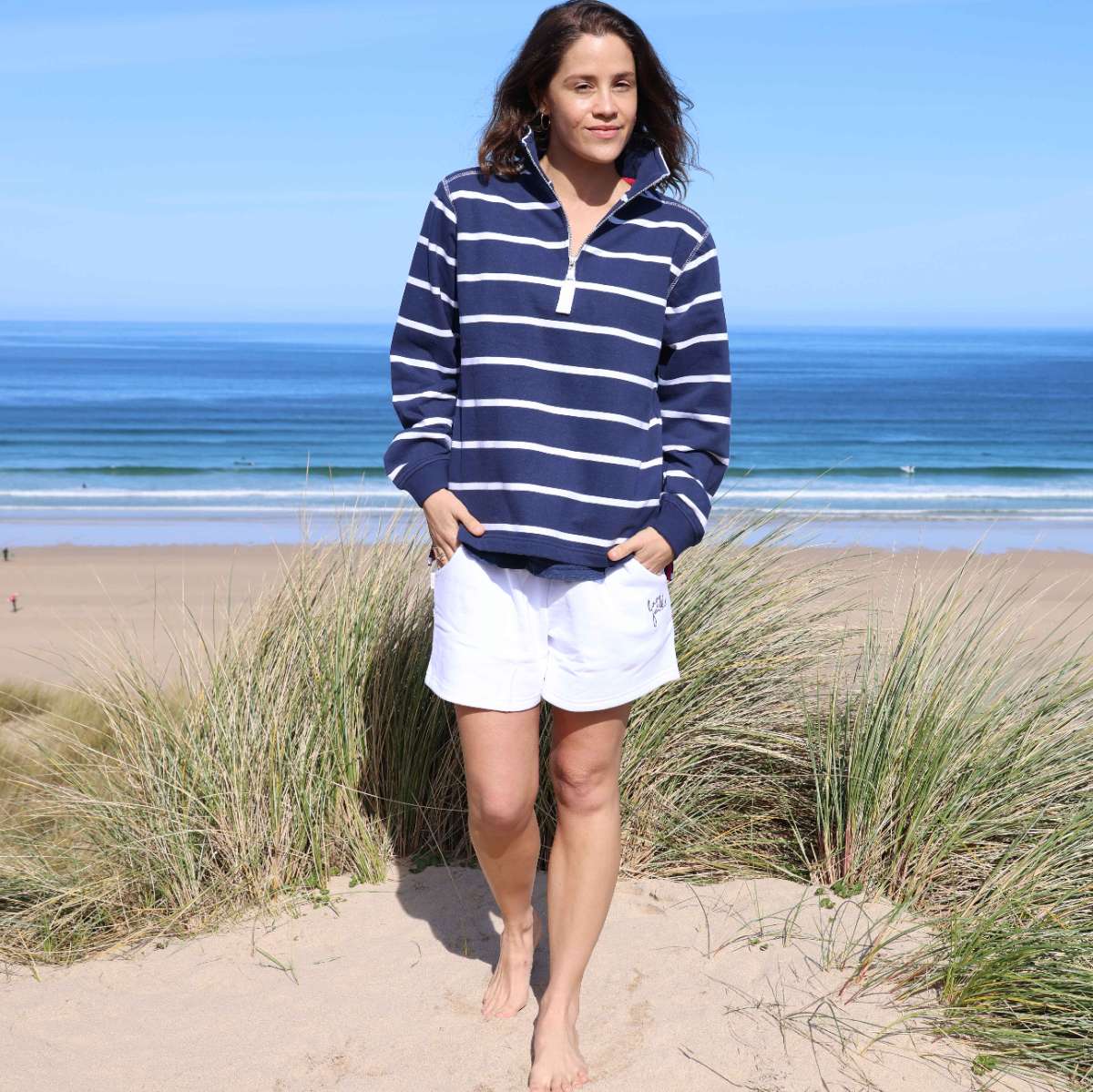 LJ35 - Ladies Striped Quarter Zip Sweatshirt - White