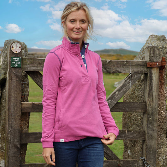 LJ5 - Ladies Button Neck Sweatshirt - Raspberry