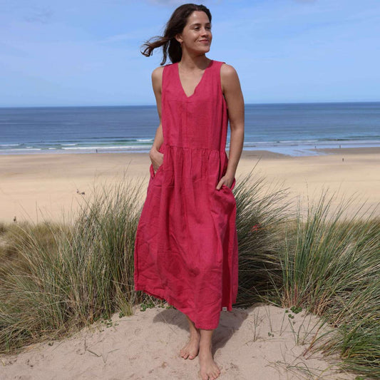 LJ526 - Long Linen Dress - Cherry