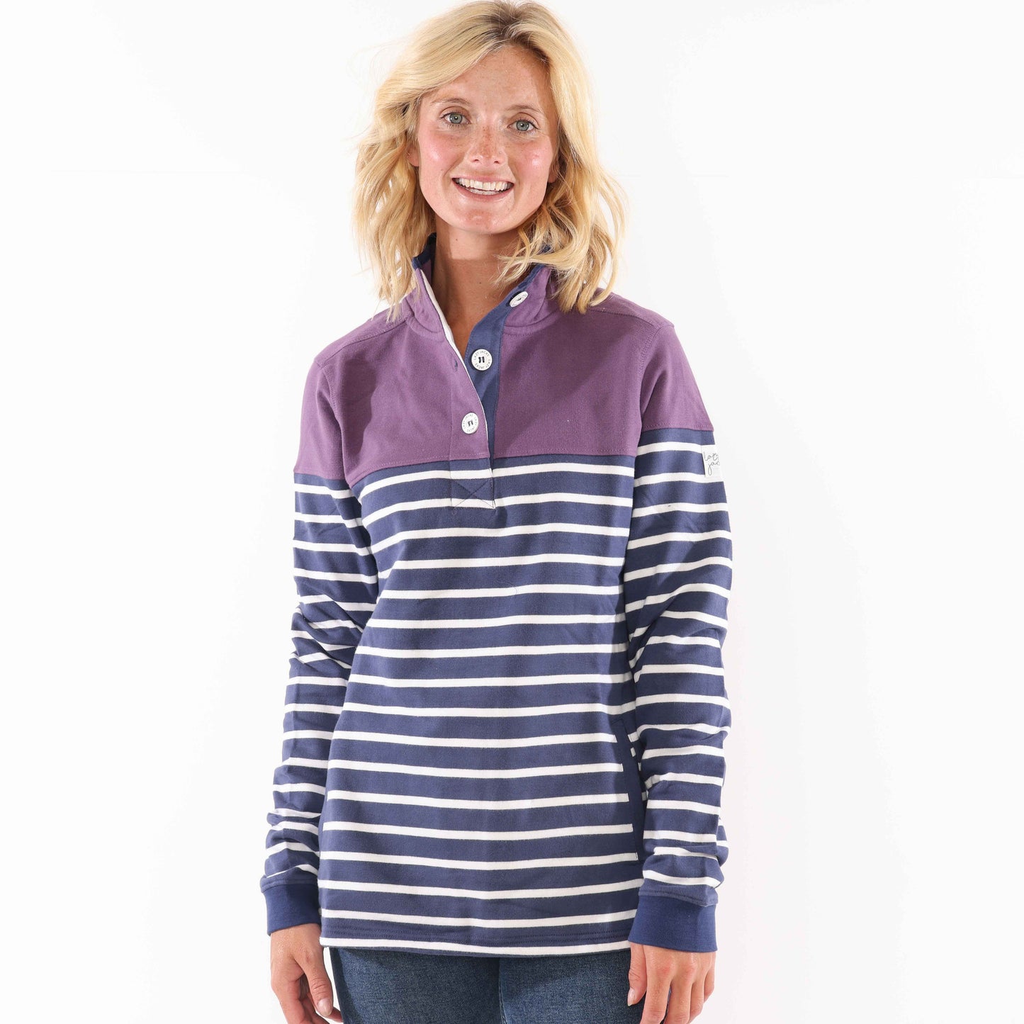 LJ6 - Striped Button Neck Sweatshirt - Loganberry