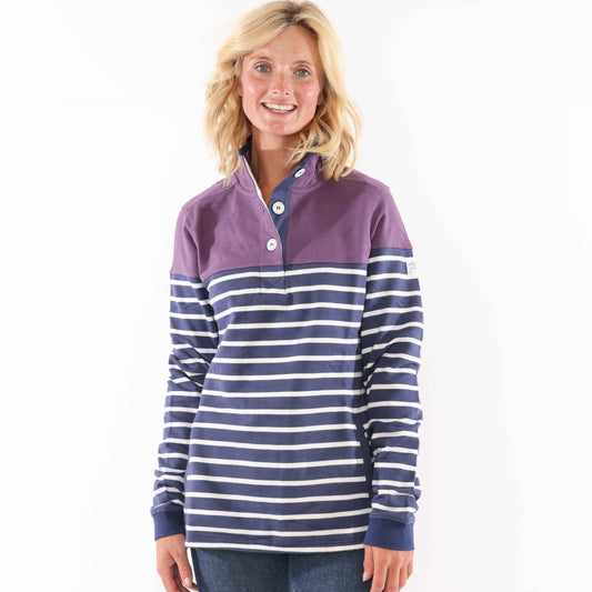 LJ6 - Striped Button Neck Sweatshirt - Loganberry