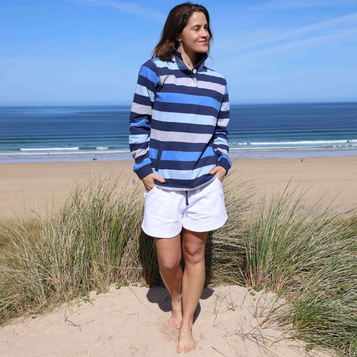 LJ6 - Striped Button Neck Sweatshirt - Winter Blues
