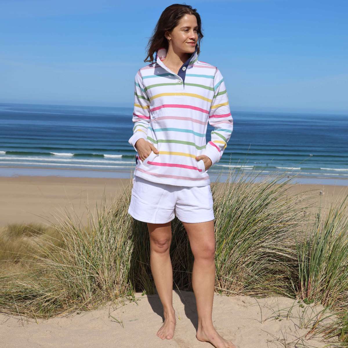 LJ6 - Ladies Striped Button Neck Sweatshirt - Brights