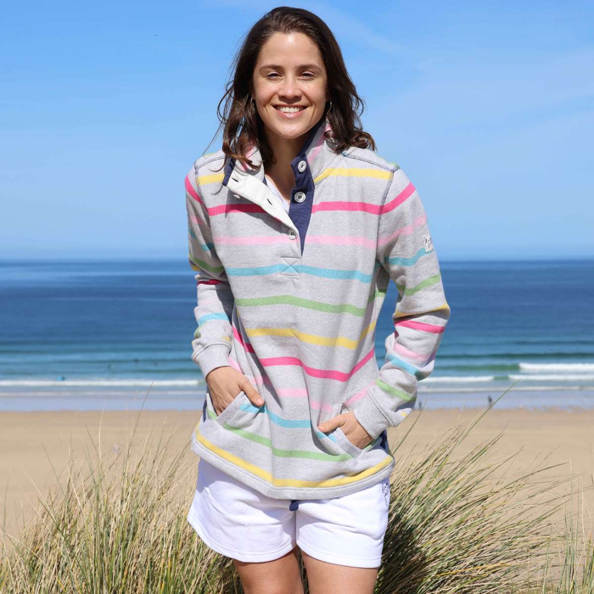 LJ6 - Striped Button Neck Sweatshirt - Winter Brights