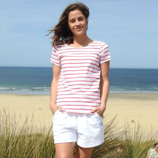 LJ8 - Ladies Short Sleeve Striped Breton Top - Cherry