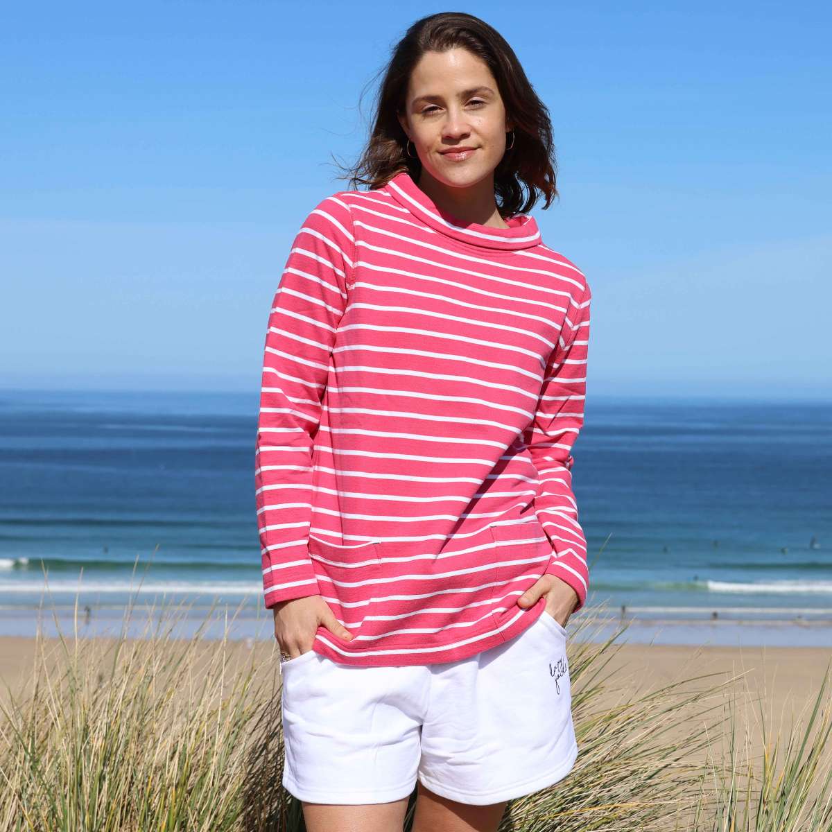 LJ94S - Ladies Striped Roll Neck Sweatshirt - Cherry