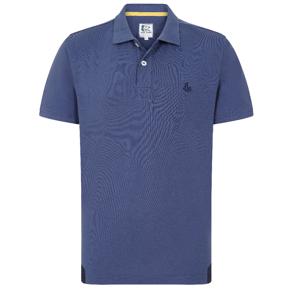 A denim blue men's polo shirt with a 3-button placket and Lazy Jacks embroidery on the left chest.