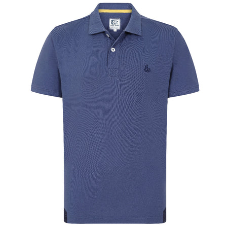 A denim blue men's polo shirt with a 3-button placket and Lazy Jacks embroidery on the left chest.