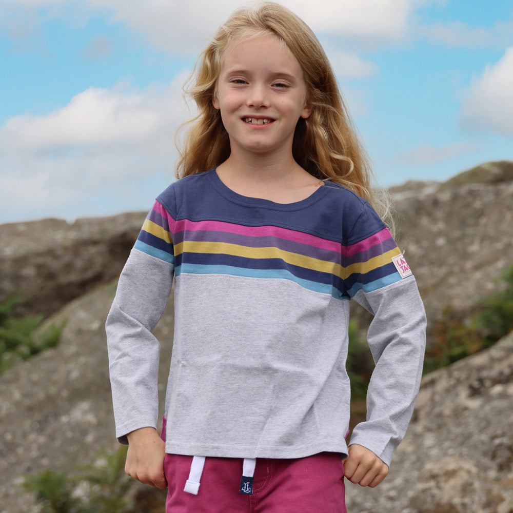 LJ97C - Girls' Striped Breton Top - Grey Marl