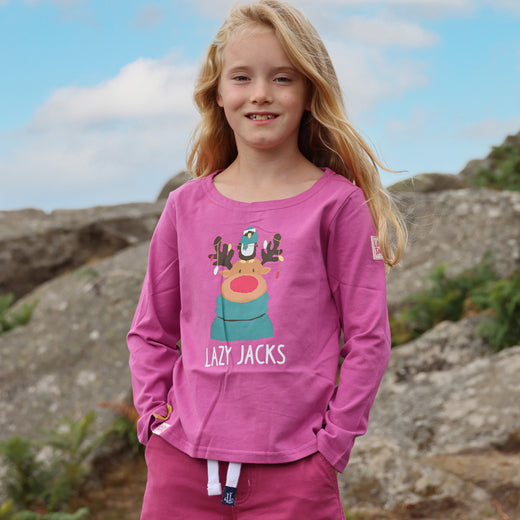 LJ99C - Girls Long Sleeve Printed Top - Raspberry