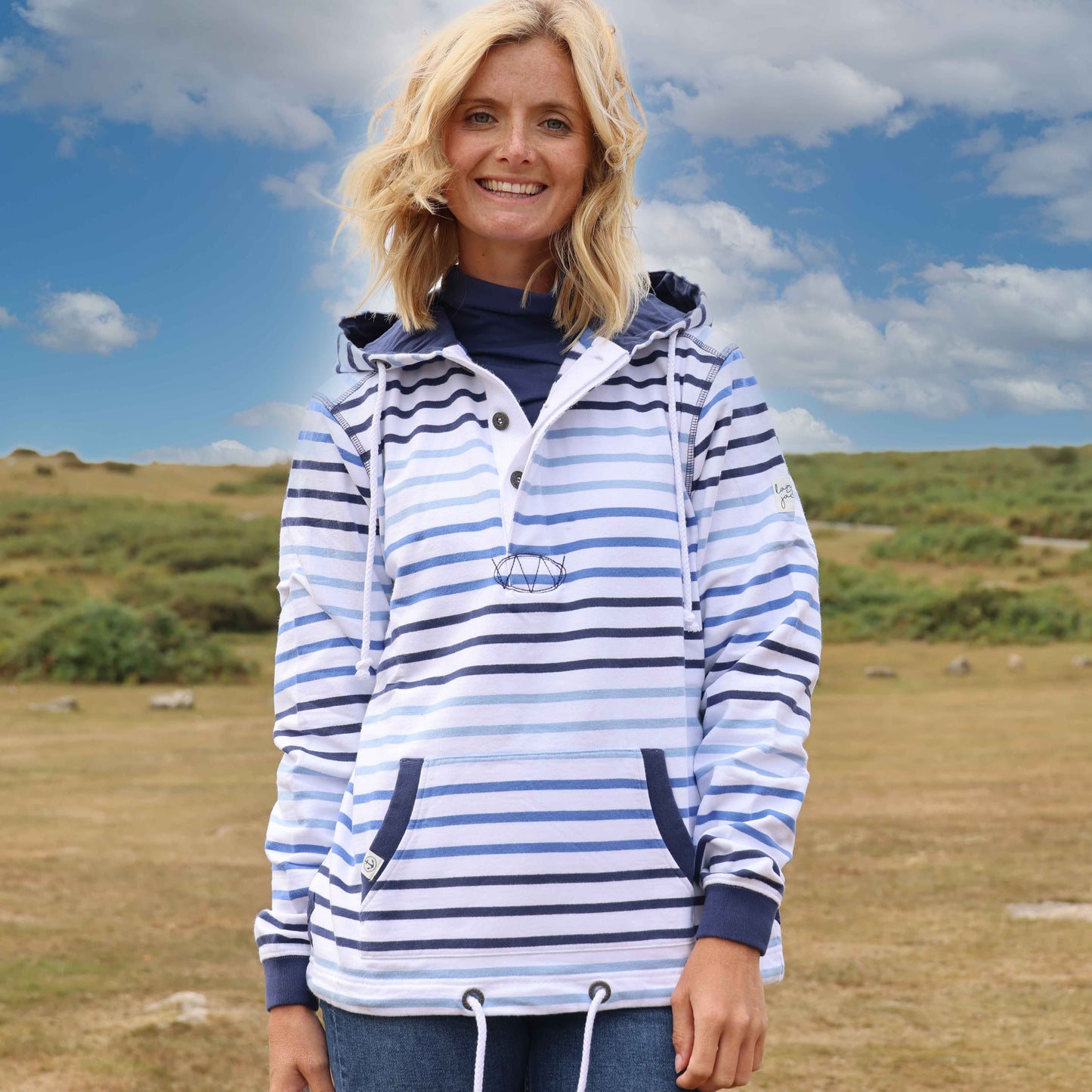 LJ36 - Button Neck Hooded Sweatshirt - Stripe